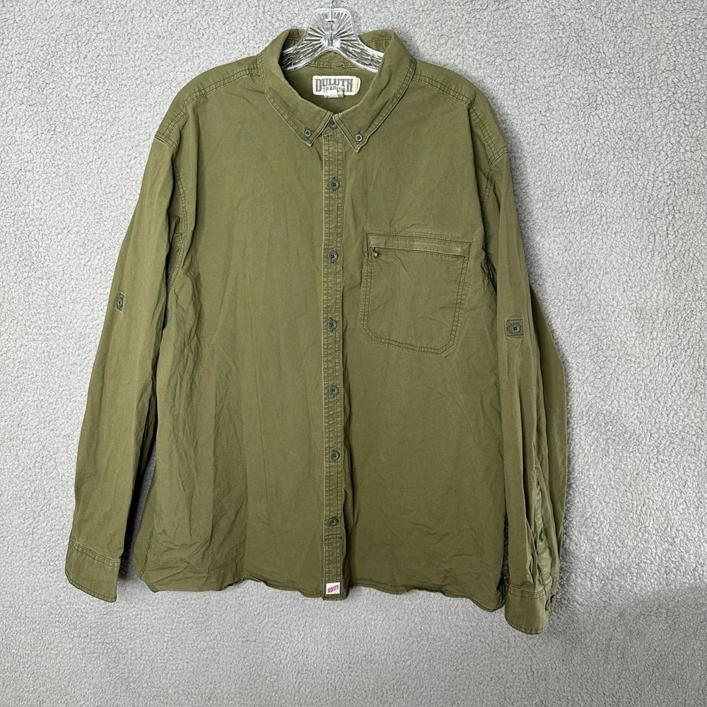 Duluth Trading Mens 2XL Shirt Olive Green Button Front Long Slv Organic Cotton